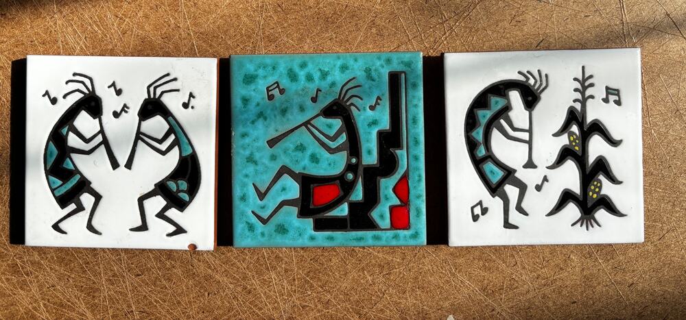Cleo Teissedre Kokopelli Ceramic Tile Set 3 Trivet Coaster Southwest 4x4 WallArt